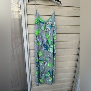 ASOS Silver Sequin Maxi Dress with Neon Green & Teal Appliqué